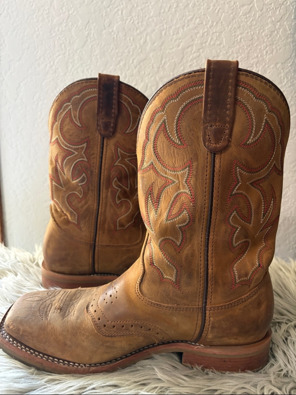 Double H Tan & Brown Leather Cowboy Boots with Red Stitching - Picture 2 of 8